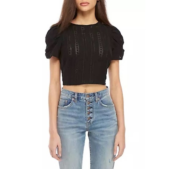 Free People Women’s Black Star Struck Tee Eyelet Open Back Crop Top Sz XS - Picture 1 of 11